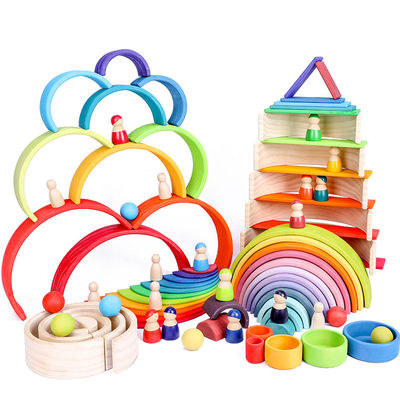 Kemerli 12'li Pastel İstifli Gökkuşağı Ahşap Blok Set 38.5cm