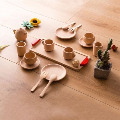 Pot Çay Saati Ahşap Oyun Tencere ve Tavalar Çocuklar ISO9001 Sofra Takımı