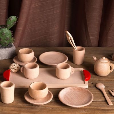 Pot Çay Saati Ahşap Oyun Tencere ve Tavalar Çocuklar ISO9001 Sofra Takımı