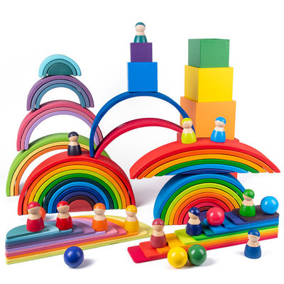 Oyun 60cm Doğal Ahşap Gökkuşağı İstifleyici Bebek Lazer Oymacılığı