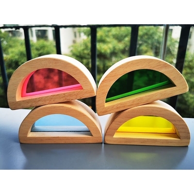 Çocuklar Montessori Ahşap Oyuncak Duyusal Gökkuşağı Ayna Blokları Katı Kauçuk Ahşap İstifleme Akrilik Buliding İstifleyici Eğitici