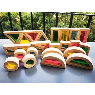 Çocuklar Montessori Ahşap Oyuncak Duyusal Gökkuşağı Ayna Blokları Katı Kauçuk Ahşap İstifleme Akrilik Buliding İstifleyici Eğitici