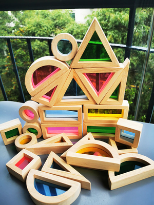 Çocuklar Montessori Ahşap Oyuncak Duyusal Gökkuşağı Ayna Blokları Katı Kauçuk Ahşap İstifleme Akrilik Buliding İstifleyici Eğitici