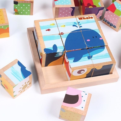 Çocuklar İçin 3D Ahşap Yapı Taşları Eğitici Altı Taraflı Küpler