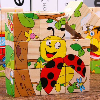 Bebek Ahşap Blok Oyuncaklar Hayvan Meyve Erken Öğrenme Altı Taraflı 3D Küp Yapboz