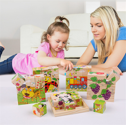 Bebek Ahşap Blok Oyuncaklar Hayvan Meyve Erken Öğrenme Altı Taraflı 3D Küp Yapboz